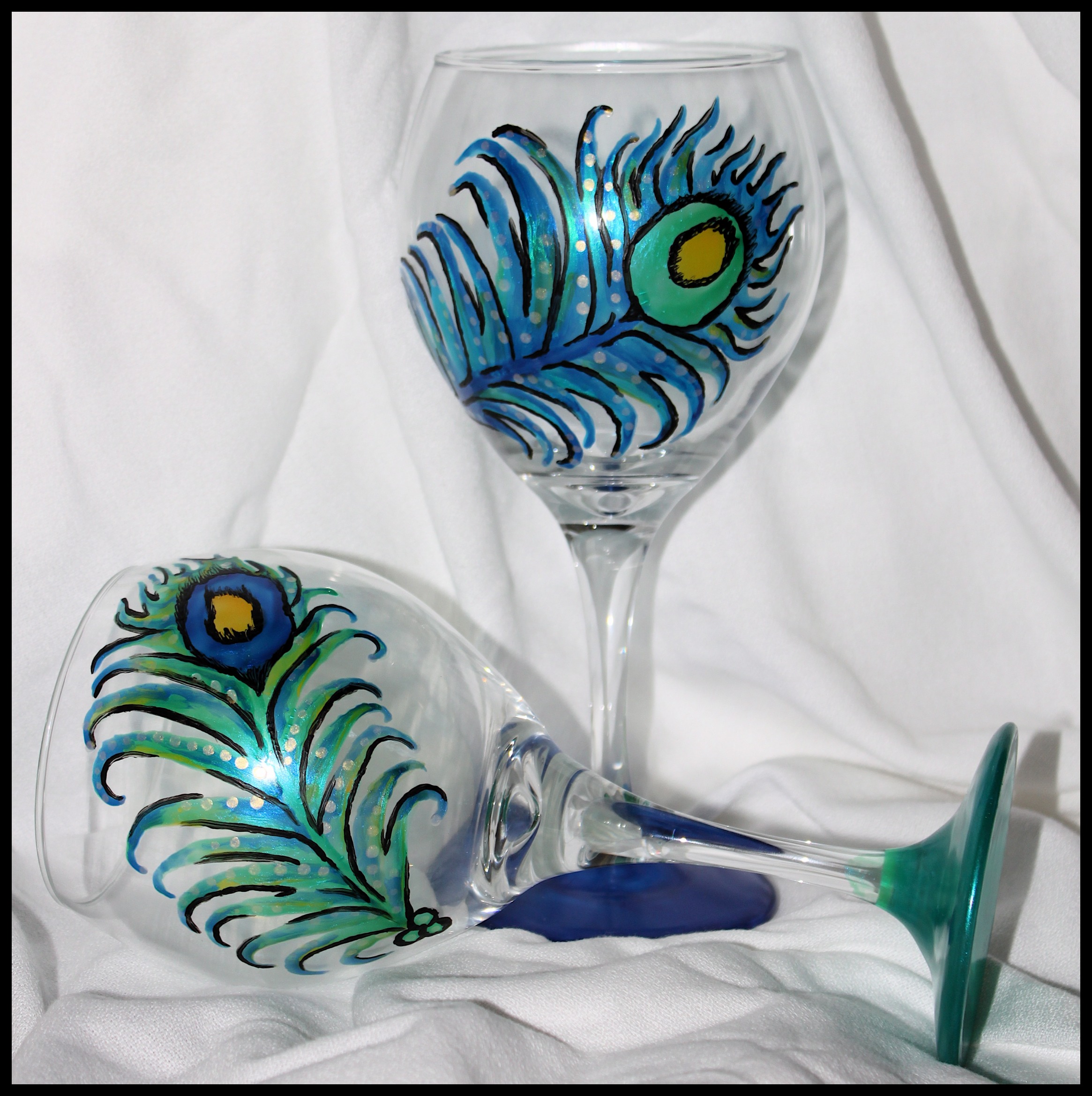 Peacock Wine Glasses Hand Painted Set of 2 